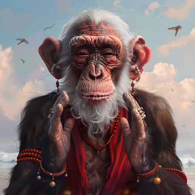 Weiser Affen-Guru am Meer (KI-Kunst)